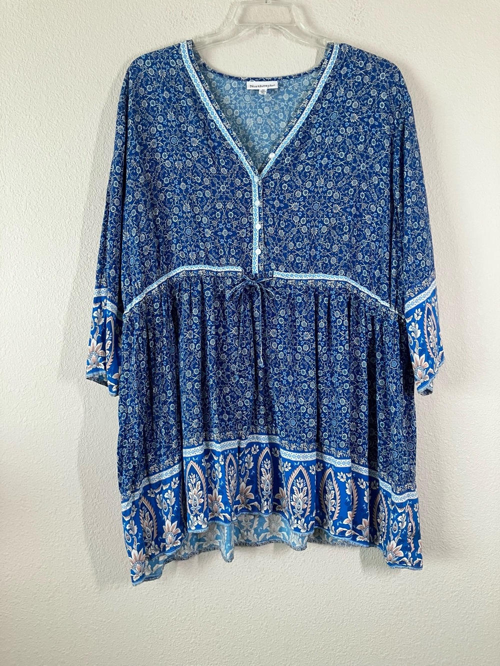 Plus Size Babydoll Peasant Tunic Dress 2X Ditsy Floral Boho Resort Festival Blue - Picture 9 of 10
